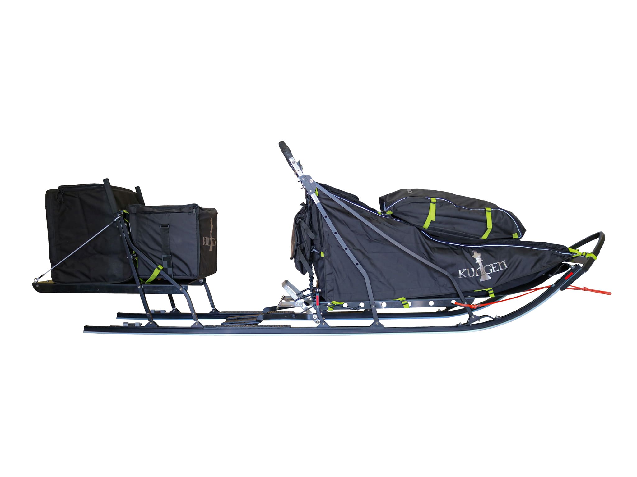 Slitta Kungen Distans / 9 Piedi - Vista laterale con Cargo Box, sacca Slim Cargo e sacca per manubrio